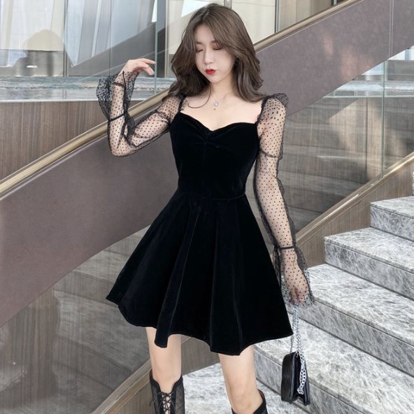 

2019 Long Sleeve Short Skirt Skirt Black Lace Velvet Dress Suit-dress