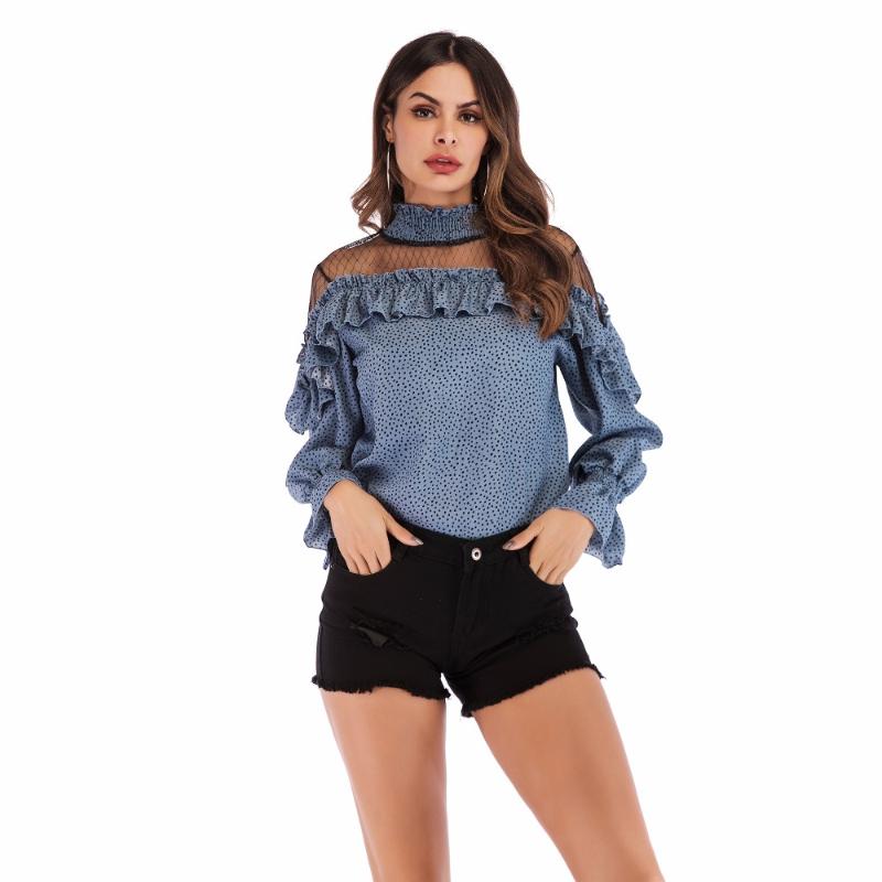 

Fashion Blusas Mujer De Moda 2019 Office Women Sexy Turtleneck Mesh Patchwork Women Chiffon Blouses Shirt Ruffles Tops Blusas, White