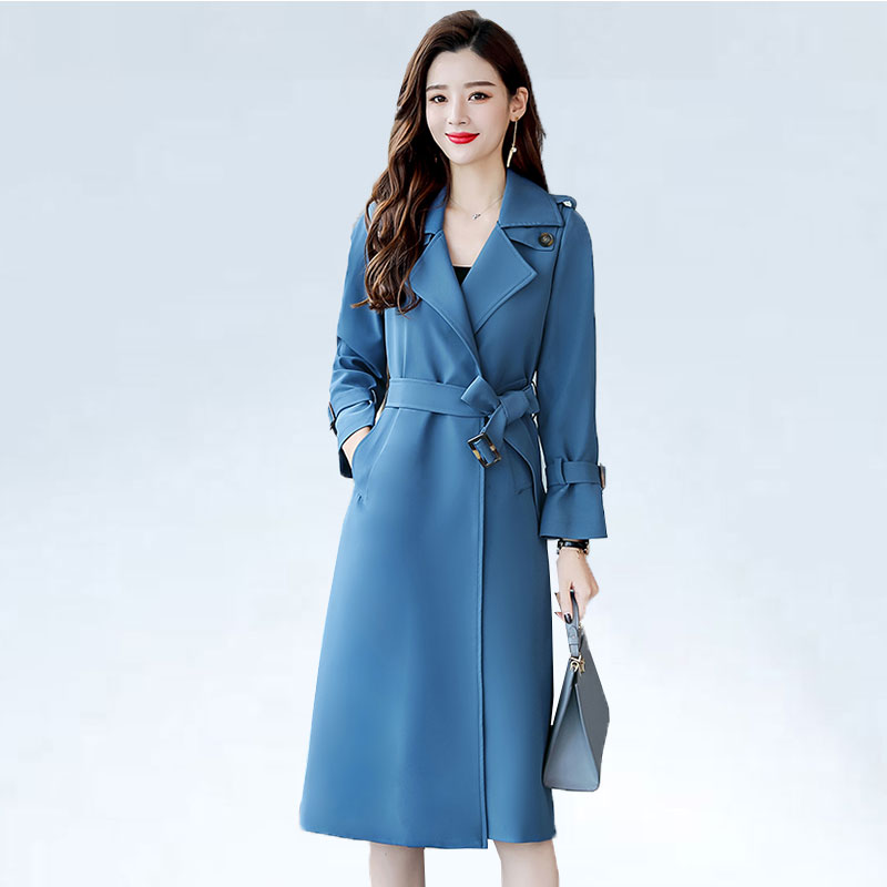 

Women Trench Coat 2020 Autumn And Winter New Style Korean-style Solid Color BF Slim Long Sleeve Fold-down Collar Lace-up Coat, Coral red