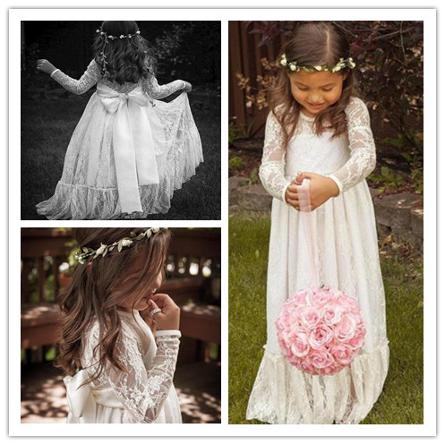 

2019 Cheap Long Sleeve Lace Flower Girl Dresses Jewel Ivory A line Floor Length Baby Formal Occasion Skirt First Communion Bridal Gowns Cute, Orange