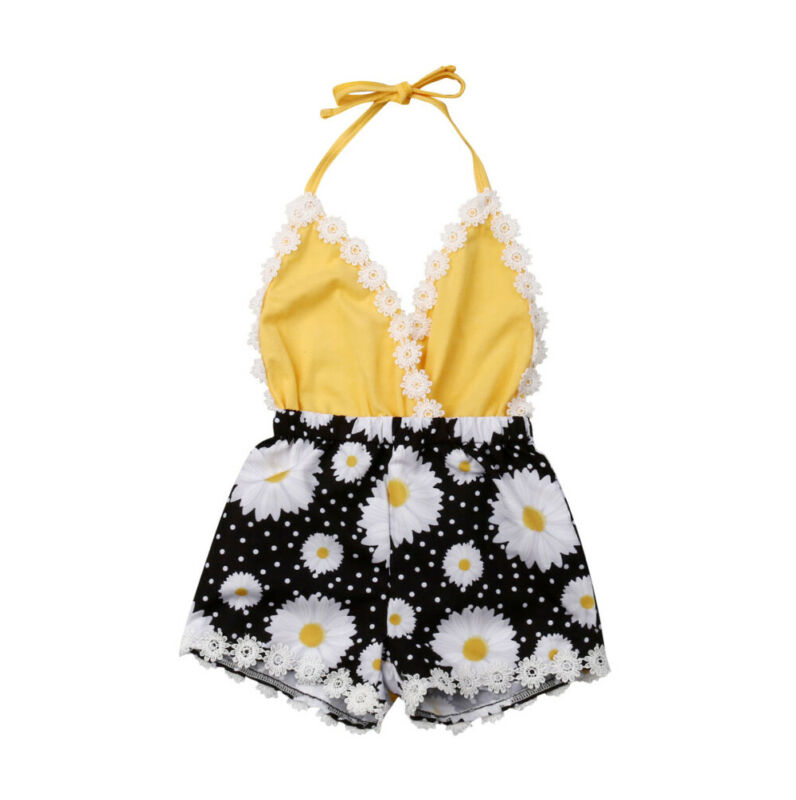 

Summer Baby Kids Toddler Girls Halter Bandage Romper Flower Jumpsuit Outfits Backless Playsuit 0-3Y