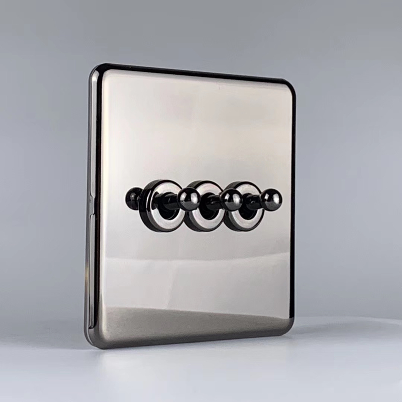 

Mirror Panel 3 Gang Wall Switch And Black Color Stainless Steel Panel 2 Way Light Switch With Copper Toggle