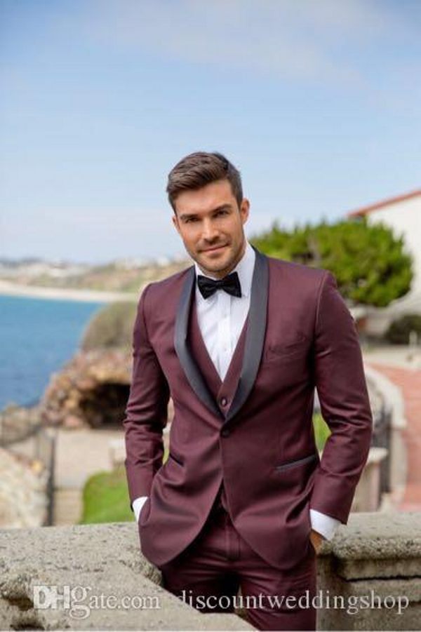 Tuxedos de marié bordeaux foncé, col châle, costume d'affaires pour homme, Blazer de bal, costumes de fête (veste + pantalon + gilet + cravate) J