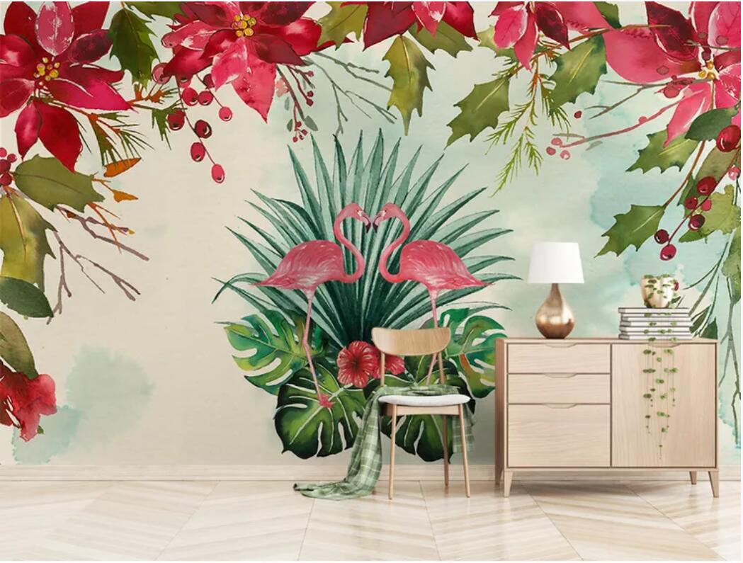 

3d room wallpaper custom photo mural Hand drawn medieval tropical flamingo plant background wall painting wallpaper for walls 3 d, Non-woven fabric