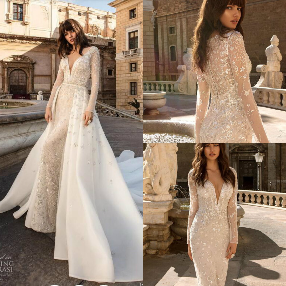 

2019 Innocentia Divina Mermaid Wedding Dresses With Detachable Overskirts Deep V Neck Lace Appliqued Sequins Beaded Bridal Gowns Long Sleeve, Khaki