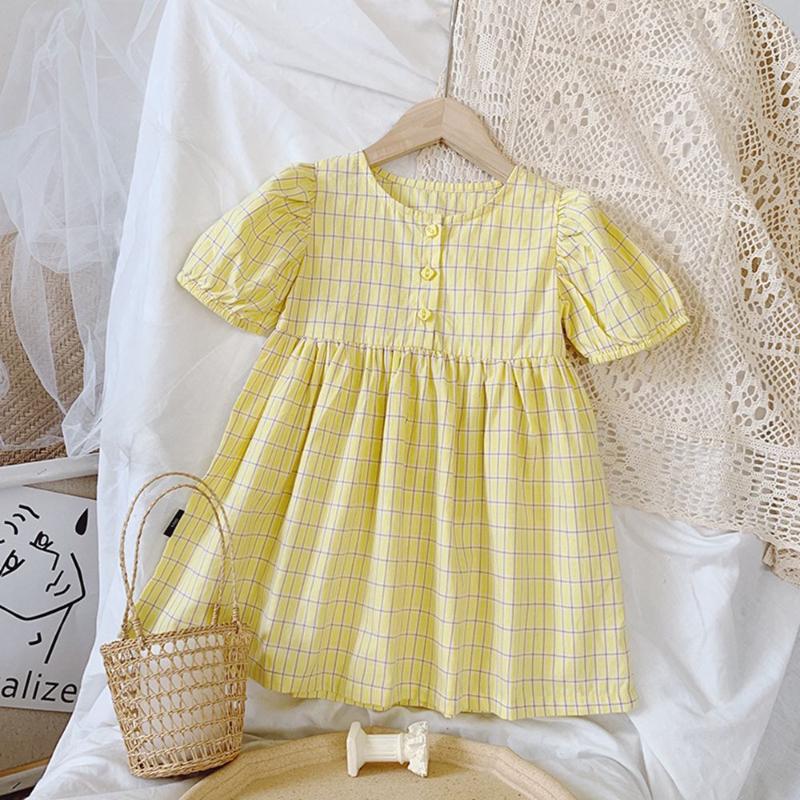 

Girls Princess Dress 2020 Summer Yellow Plaid Dresses Children Kids Outfits Short Sleeve Buttons Dress Vestidos 1-6Y S10940