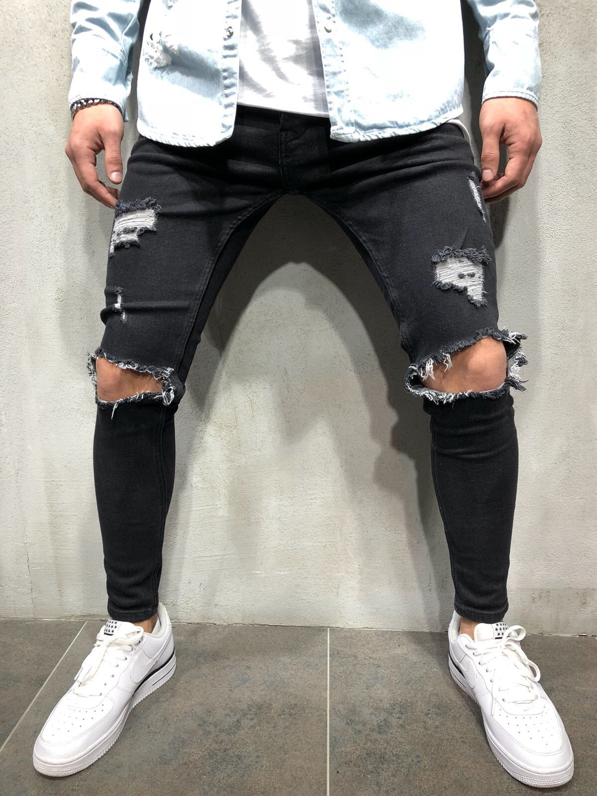 

Blueberry12 Men's Jeans Mens Hip Hop Motorcycle Biker Men Hole On Knee Light Blue Denim Pants Plus Size
