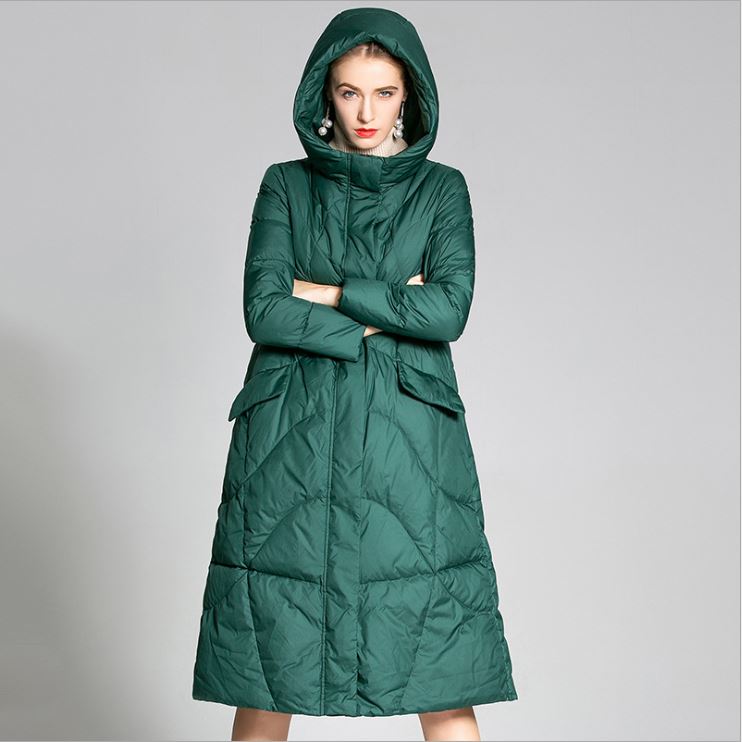 

Women's Runway Down Coats Hooded Stand Collar Zipper Closure White Duck Down Long Warm Parkas Long Runway Outerwear, Black