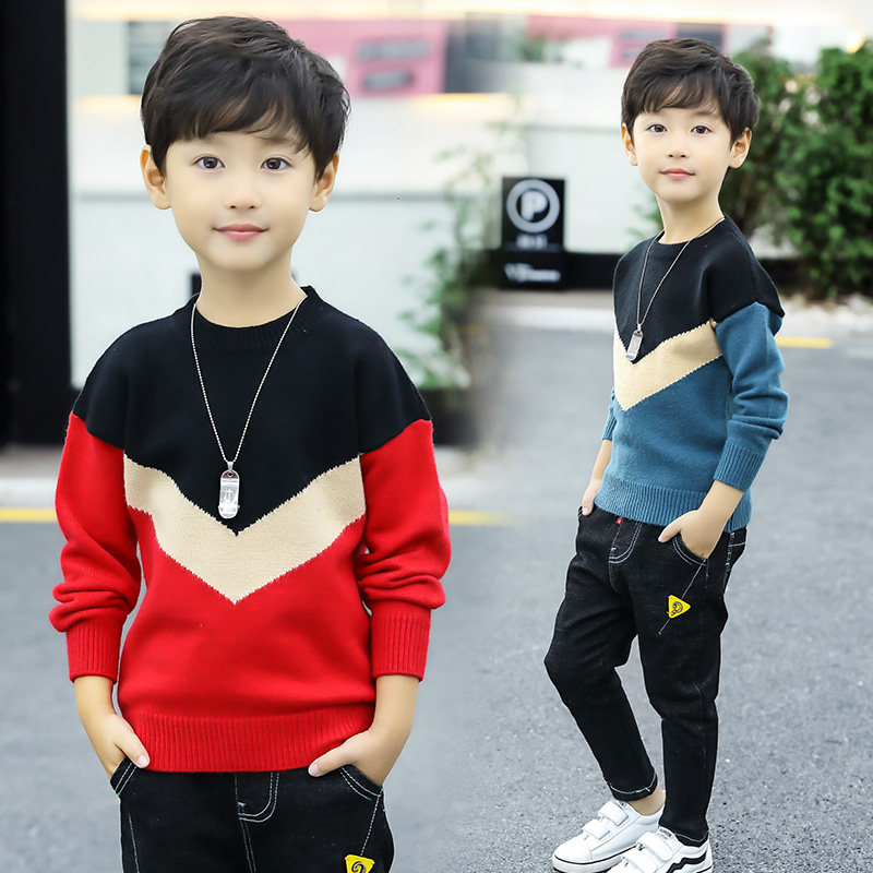 

Kids Boys Sweaters Children Pullover 2019 Autumn Winter Teenager Boy Knitted Top Children Boys Patchwork Sweater