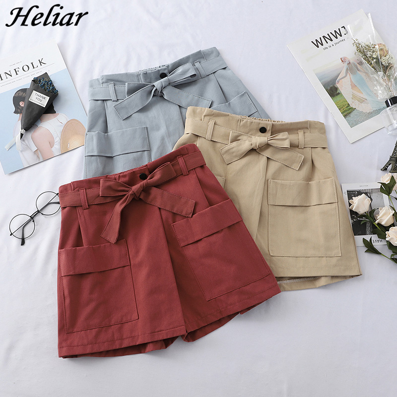 

2020 Spring Shorts Women High Waist Casual Bowknot Short Wide Leg Woman Shorts Loose Solid Soft Cotton Casual Short, Black