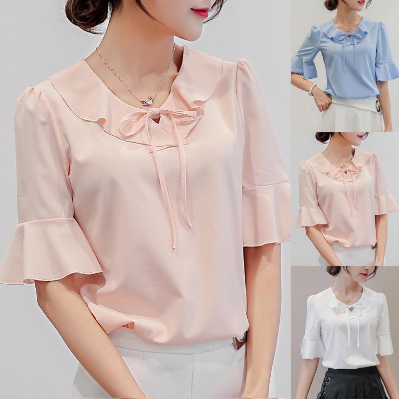 

Women Summer Work Office Tie up Short Sleeve Solid Chiffon Blouse Plus Shirt Top high quality dropshiping 2020 WY429, White