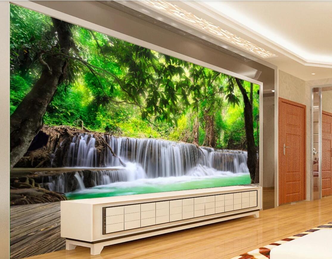 

3d room wallpaper cloth custom photo mural Wood plank forest waterfall nature landscape tv background wall wallpaper for walls 3 d, Picture shows