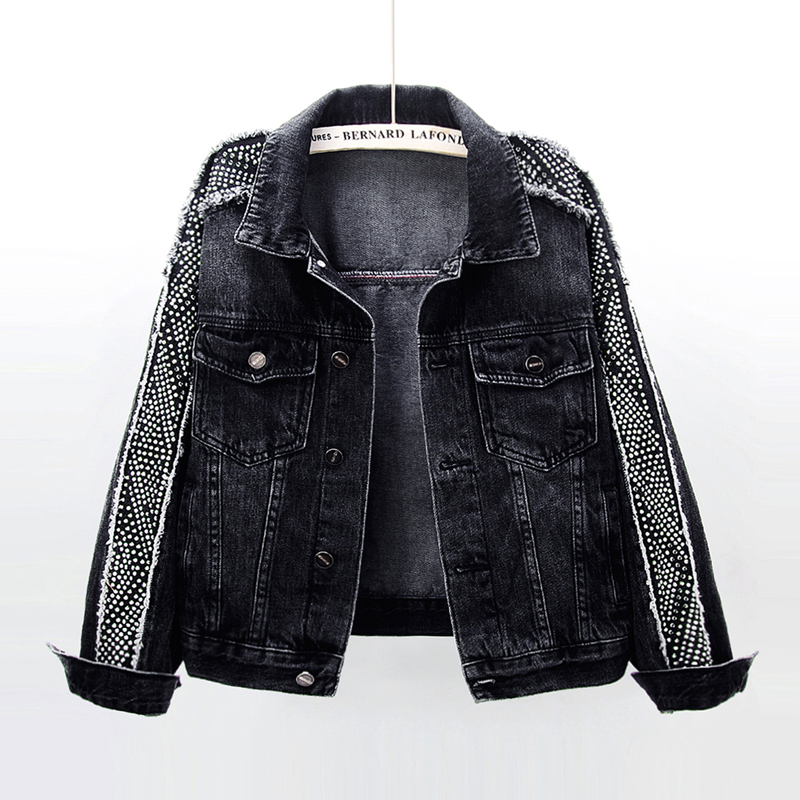 

Rivet Denim Jacket Women Spring Autumn Vintage Harajuku Student Short Outerwear Coat Female Loose Solid Long sleeve Jeans Jacket, Black