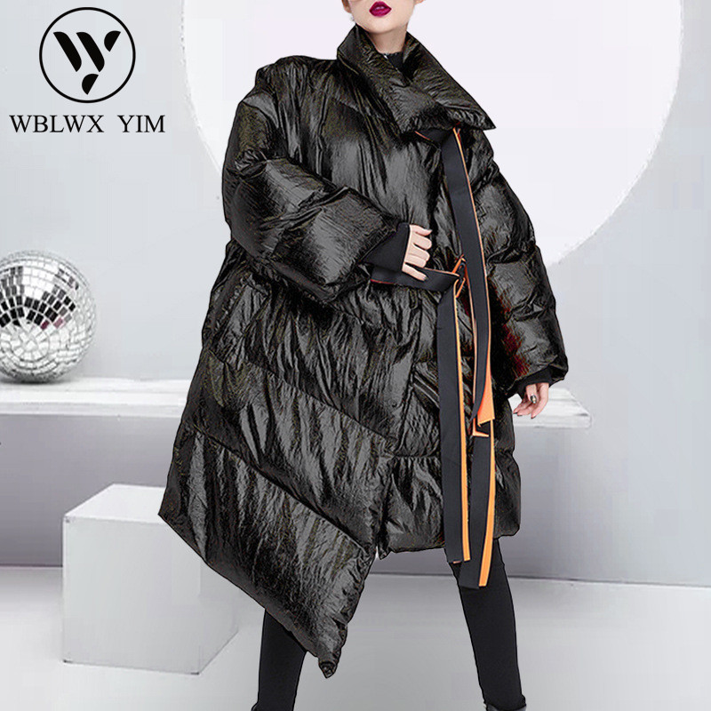

Winter Jacket Women Fashion Belt irregular Cotton coat loose Thick warm winter coat women Streetwear casual plus size long parka, Black