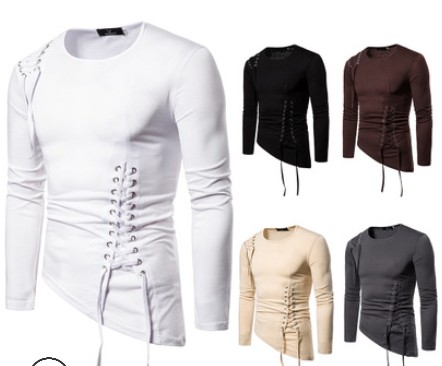 

mens designer t shirts Slim Fit Unregular Designer Long Sleeves Short T Shirt 2019 Fashion Autumn Bandage Crew Neck Large Size T Shirt, Gray