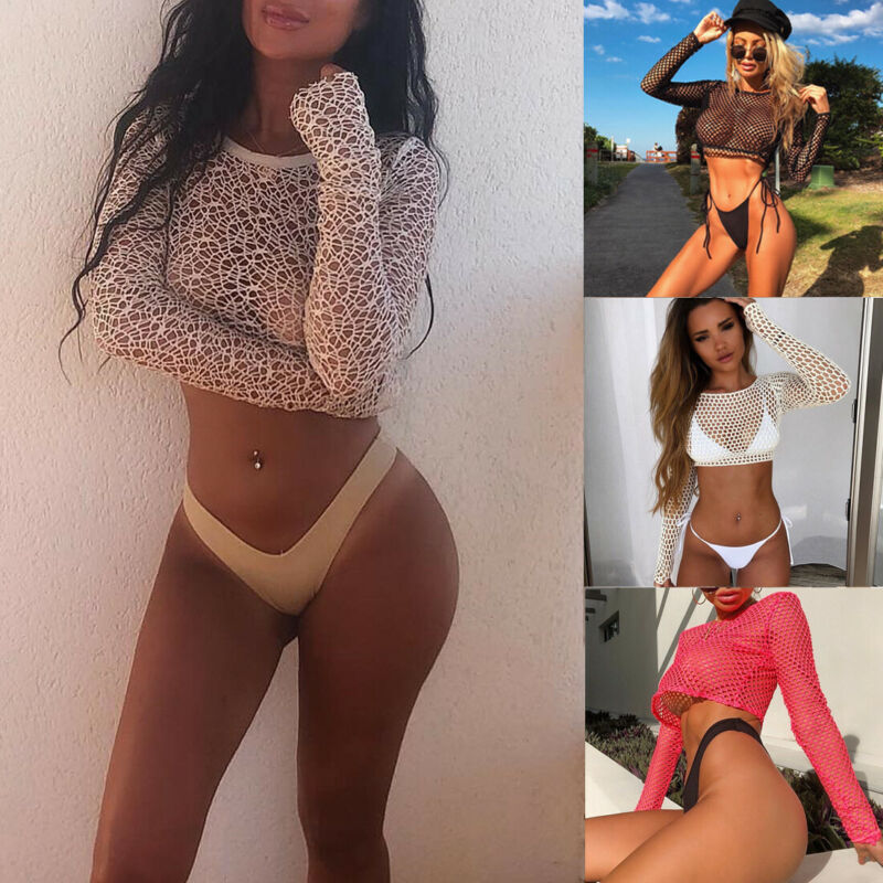 

Women Fishnet Hollow Out Tank Top Long Sleeve Short Crop Top Cover Up