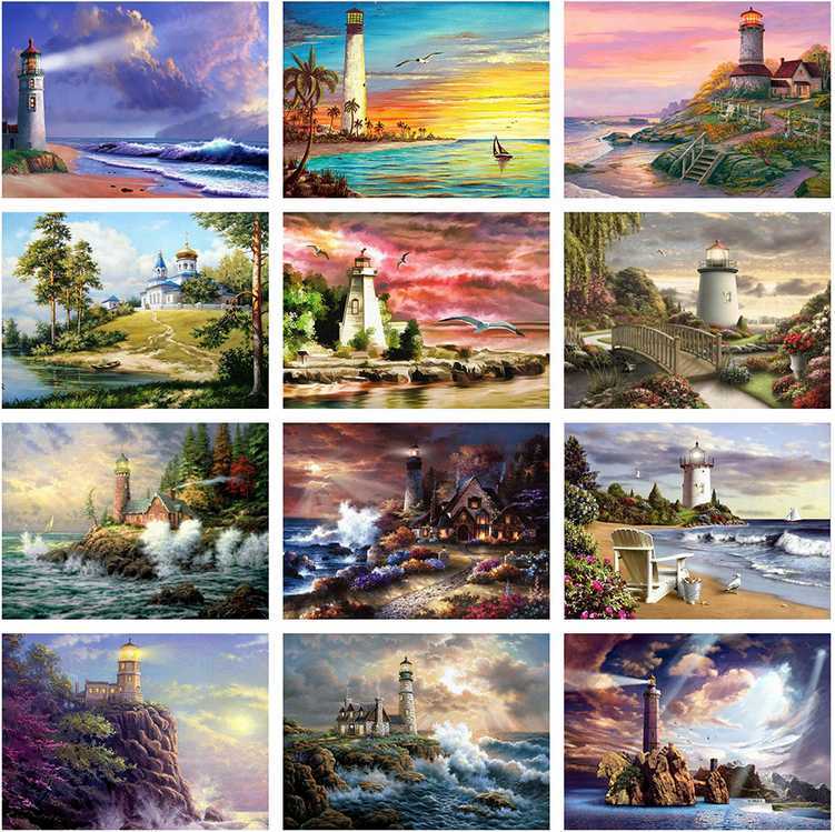 

Yikexin 5D DIY Diamond Painting Lighthouse Full circular Drill Cross Stitch Seaside Scenery Embroidery Sale Home Decoration