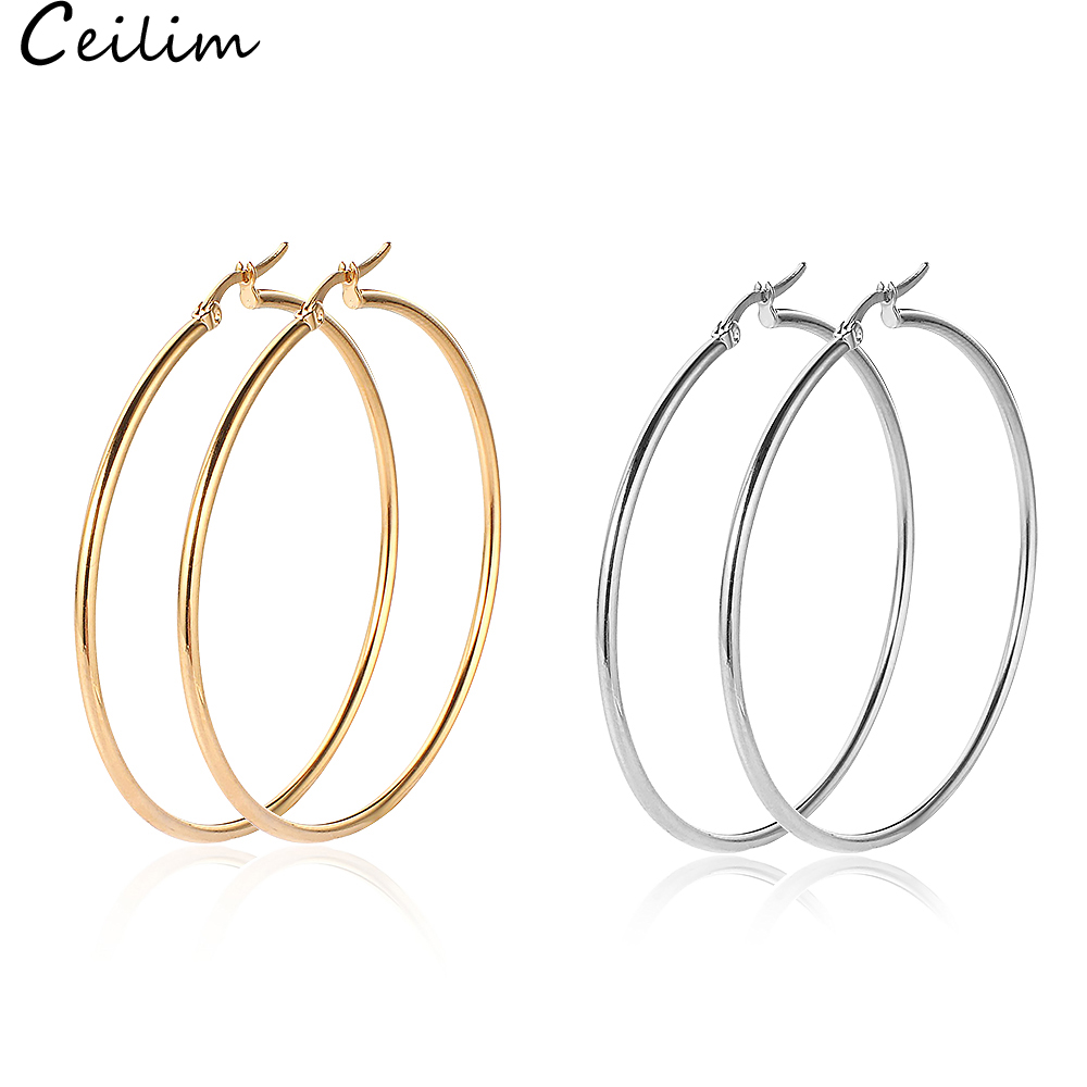 

Trendy Smooth Circle Hoop Earrings 10mm -80mm Stainless Steel Big Smooth Circle Earrings Simple Party Round Loop Earrings for Women Jewelry