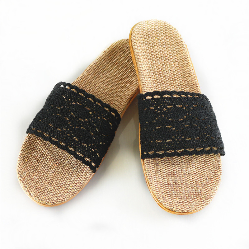 

Suihyung Women Linen Slippers 2020 New Summer Lace Belt Indoor Shoes Soft Non-slip Flip Flops Ladies Casual Slides Flax Sandals, Black