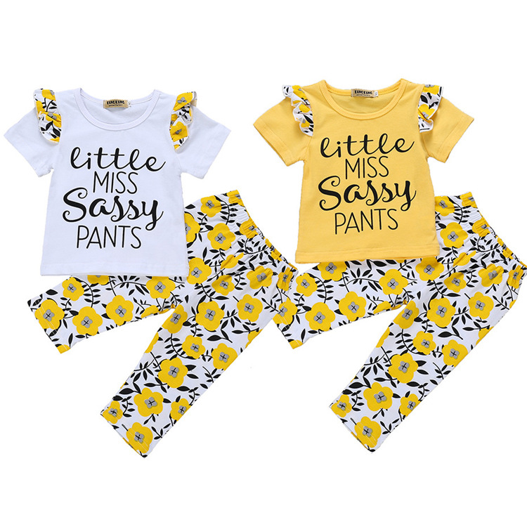 

Baby Girl Clothes Summer Toddler Girl Outfit Baby Clothing Short Sleeve Floral Print Yellow Kids Clothing Set Drop Shipping, White