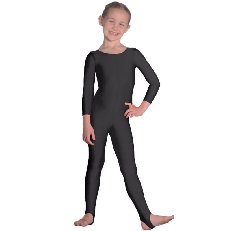 

Girls Stirrups Dance Gymnastics Unitards Catsuits Childrens Nylon Lycra Long Sleeve Ballet Unitard Dancewear Kids, Black