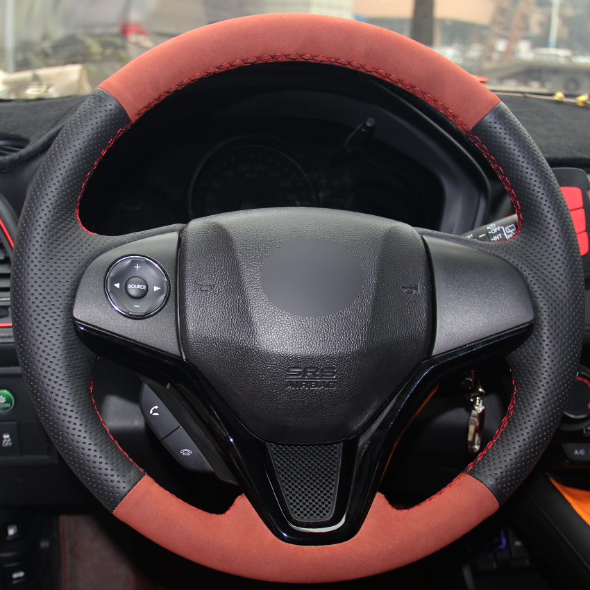 Black Natural Leather Brown Suede Car Steering Wheel Cover for Honda New Fit City Jazz 2014 2015 HRV HR-V 2016 Vezel 2015-2017-image-441795732