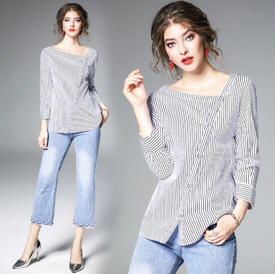 

Spring new wild student loose asymmetric top V-neck striped shirt, White