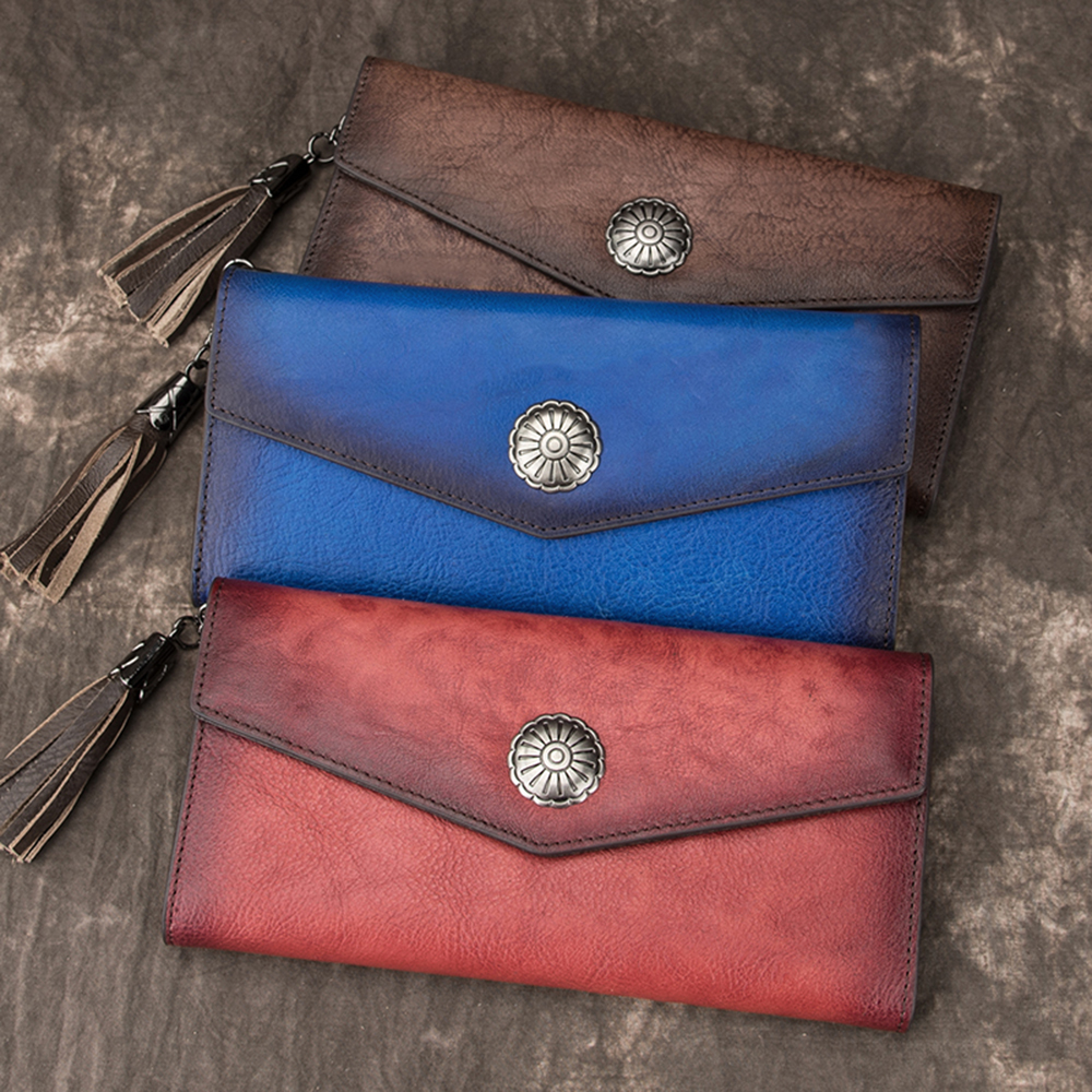 

Women Original Cow Leather Vintage Long Clutch Wallets Phone Pouches Banknote Pockets Card Wallet Zipper Purses Tassel Handbag Gift, 3 colors for choice