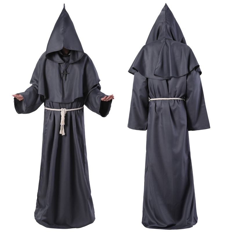 

Medieval Costume Men Women Vintage Renaissance Monk Cosplay Cowl Friar Priest Hooded Robe Rope Cloak Cape Clothing 7 Colour Select Size(S-XL, Black;red