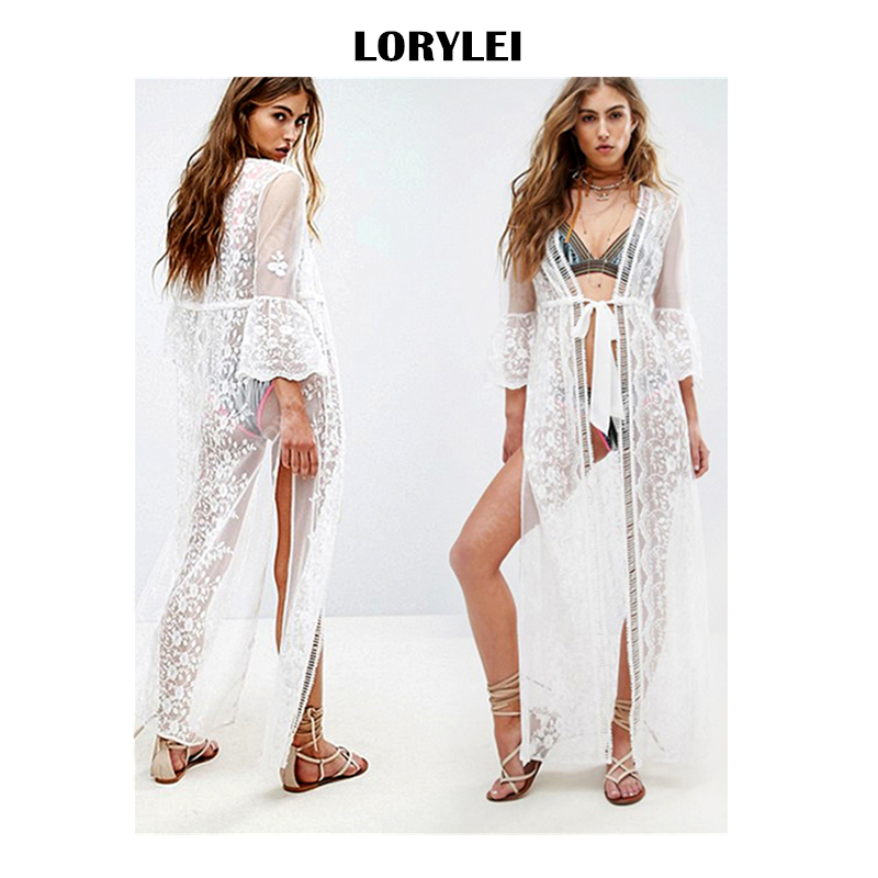 

2020 Sexy See Through Summer Vocation Women Beach Wear Long Kimono Cardigan Plus Size White Lace Tunic Woman Tops Blouse Q957