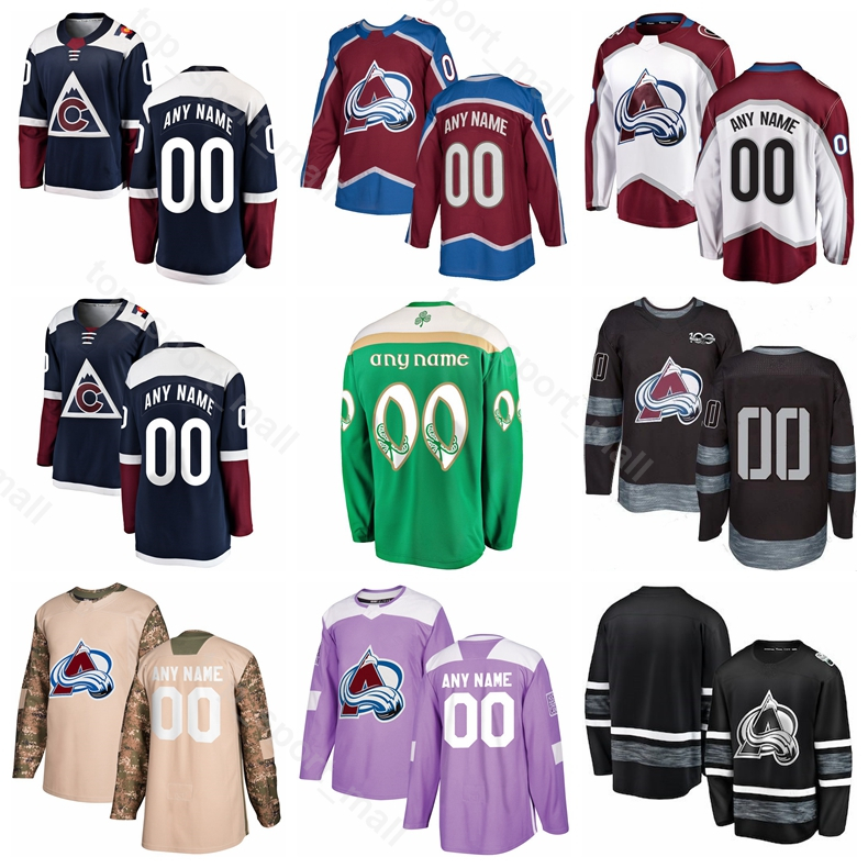 

Colorado Avalanche Ice Hockey 29 Nathan MacKinnon Jersey 92 Gabriel Landeskog 96 Mikko Rantanen 19 Joe Sakic Blank 100th Anniversary, Men navy blue