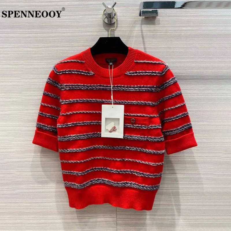 

SPENNEOOY Designer Custom Runway Autumn Women Cashmere Knitting Pullovers Ladies Colorblock Striped High Street Sweater Tops, Red