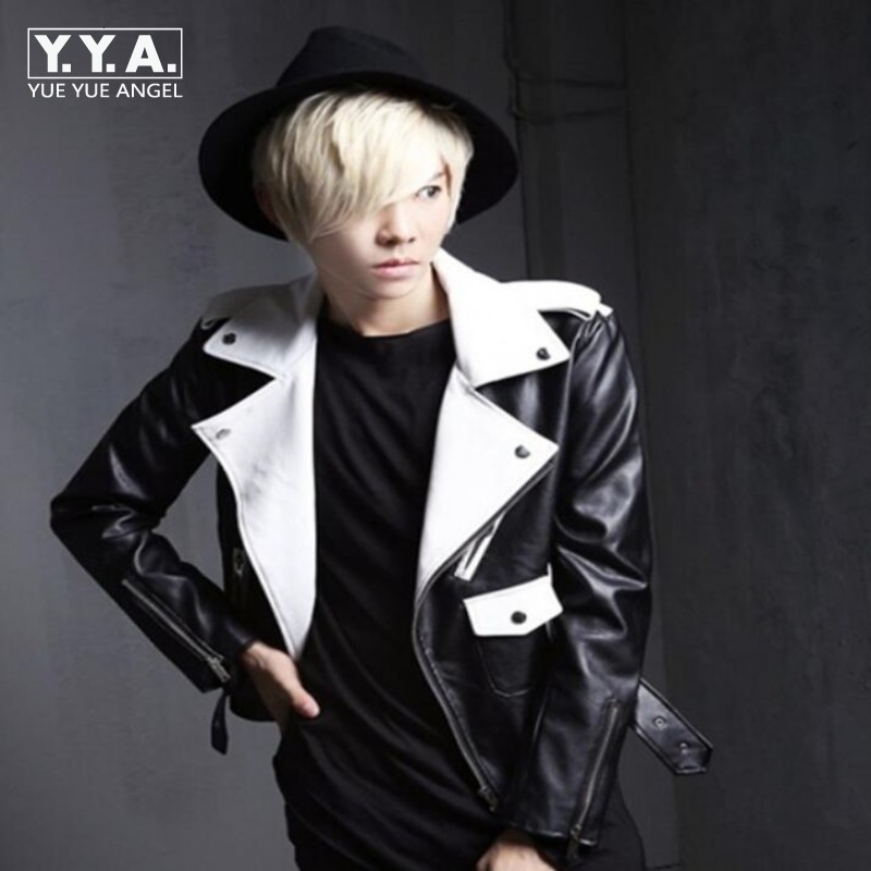 

New Arrival Fashion Mens Punk Gothic Motor Leather Jacket Man Slim Fit Short Coat Outwear Black/white Biker Jackets Male 2xl