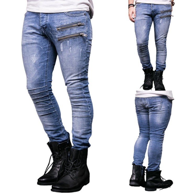 

Men's Jeans Biker Skinny Stretch Denim Pants Zipper Pocket Full Length Men Mid Waist, Blue