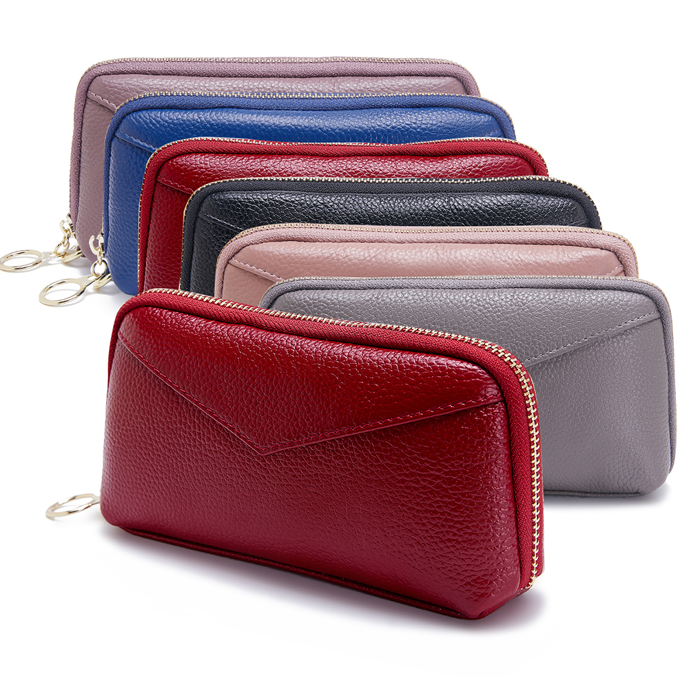 

Genuine Leather Zipper Wristlet Clutch Wallets Women Long Card Money Purses Phone Pocket Banknote Pouches Cowhide Wallets Handbag Gift, 6 colors for choice