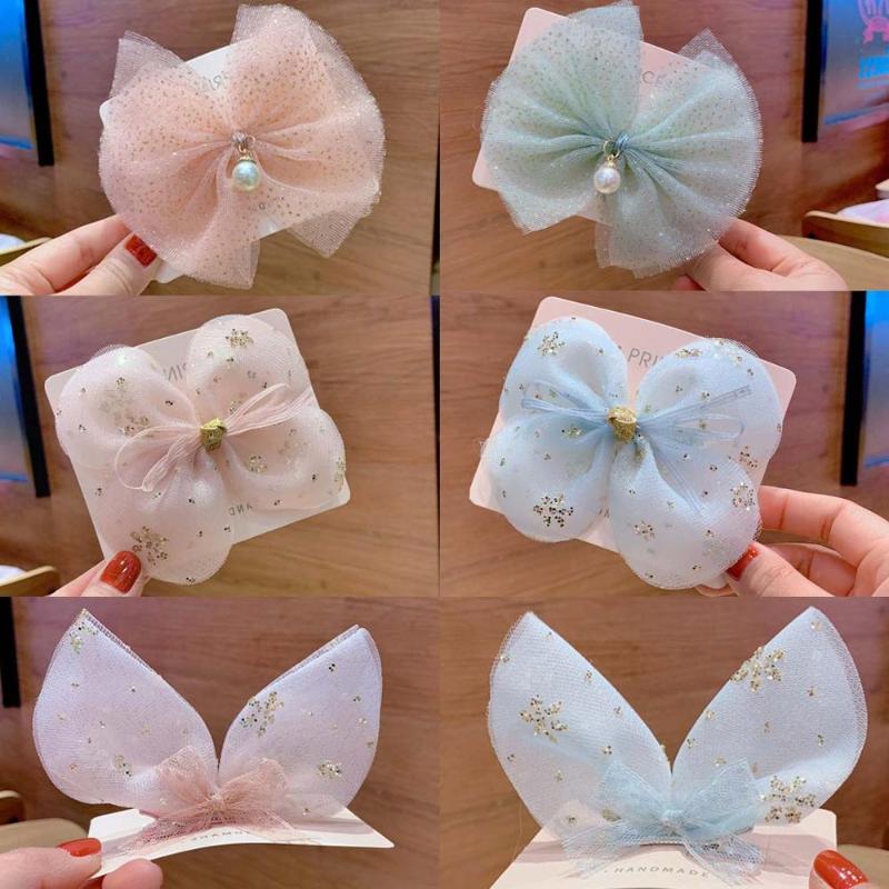

free shipping 6pcs chiffon blue and pink hair clip Three-dimensional ear hair clip pearl bow accessories, 20200316341