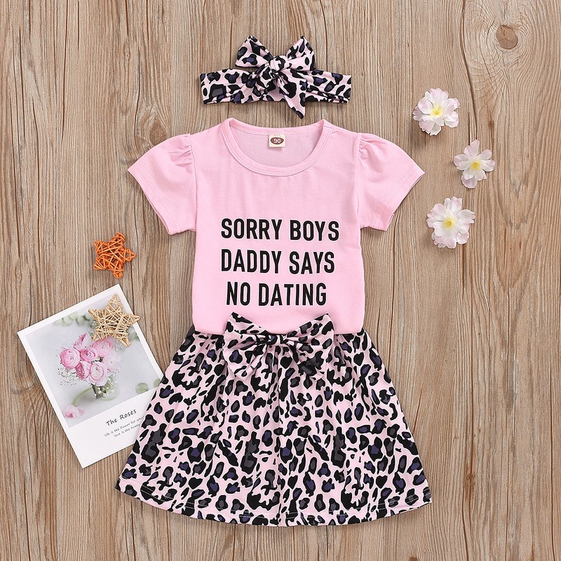 

European And American Summer Fashion Sister Matching Baby Girl Romper Tops Leopard Print Short Skirts Bottoms Kids 3PCS Outfit, Pink