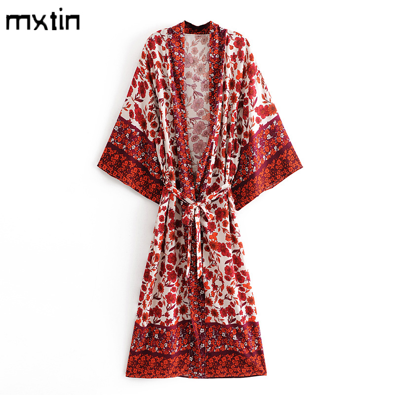

boho vintage summer floral print with belt kimono women tops 2020 fashion cardigan V neck beach chic blouses shirts blusas, As picture