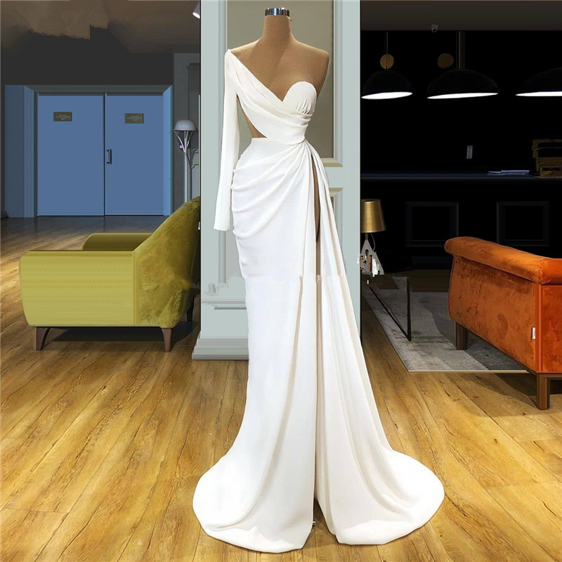 

White Ruched Formal Evening Dresses 2020 One Shoulder Prom Dress For Women Robe De Soiree Thigh High Slit Dubai Party Gowns, Brown
