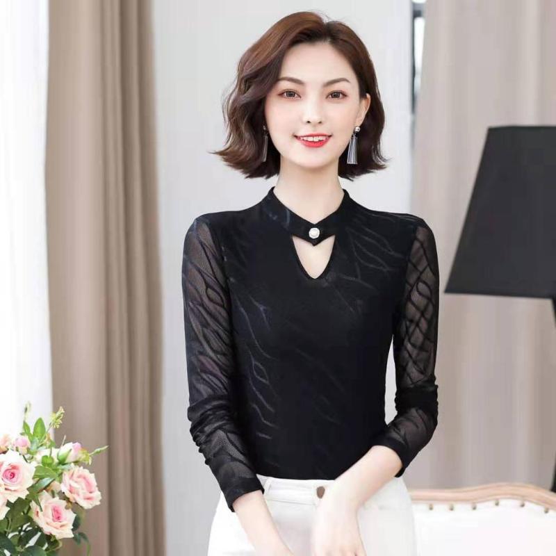 

New Women's Spring Autumn Lace Shirts Blouses V-Neck Elegant Fashion Tops Women's Casual Lace Blusas Tops DD8280, Black