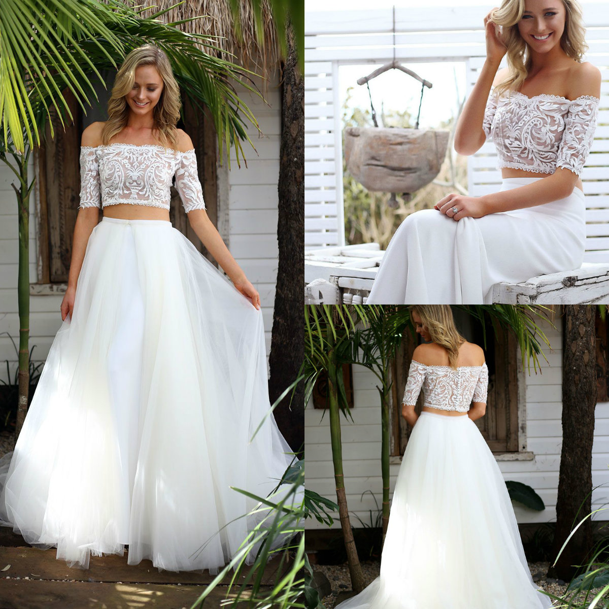 

2019 Country Wedding Dresses With Detachable Skirt Two Pieces Long Sleeve Bridal Gowns Custom A Line Bohemian Wedding Dress, Champagne