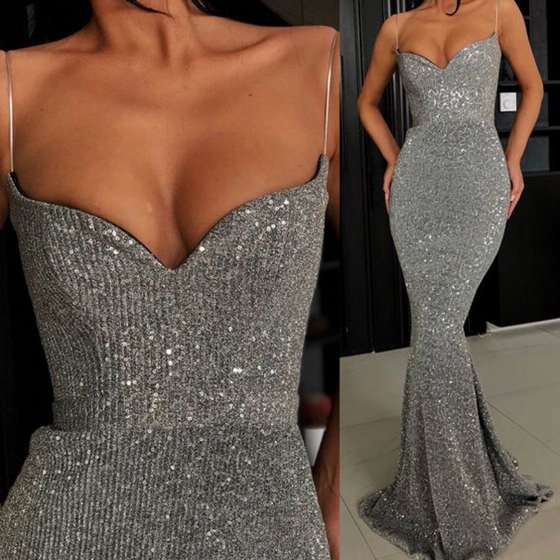 

2019 Prom Dresses Full Sequined Spaghetti Straps Mermaid Long Evening Gowns Plus Size Custom Made Pageant Dress, Ivory