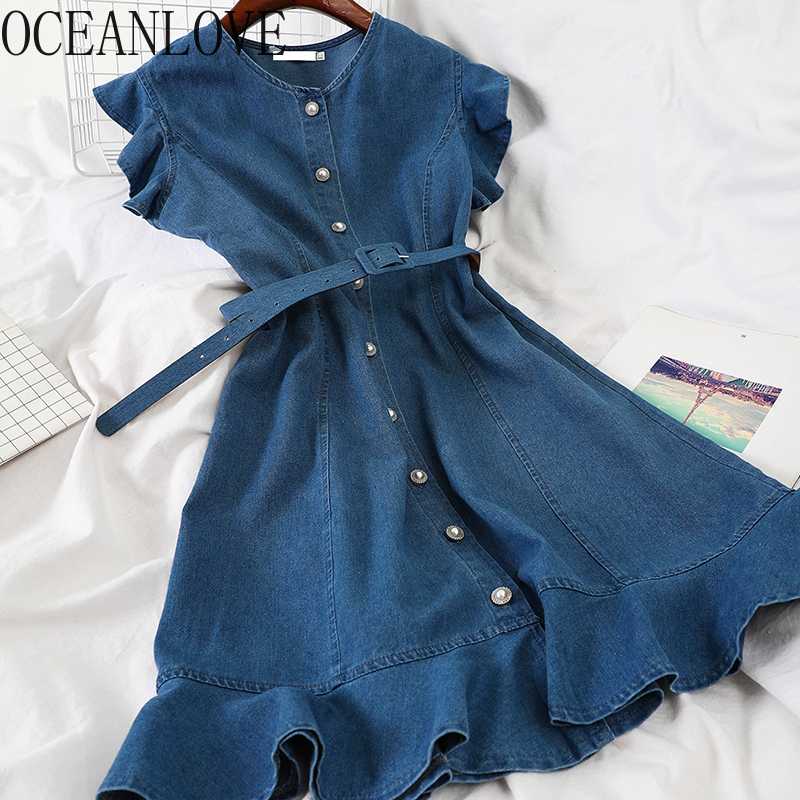 

OCEANLOVE Denim Dres Women Solid Ruffles Fashion Korean High Waist Fashion Vestidos 2020 V Neck Summer Dresses Elegant 16468, Blue