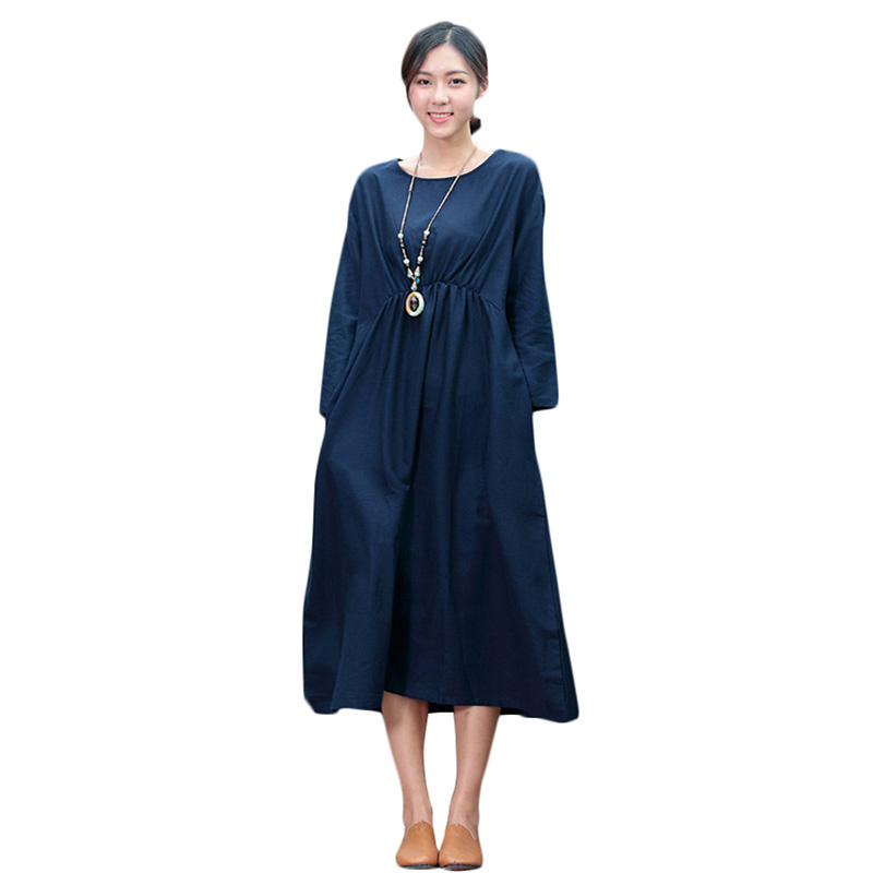 

4XL 5XL Large Size Women Summer Dress Mori Girl One Piece Baggy Mid Calf Cotton Dress O-neck Long Sleeve Ladies Casual, Black