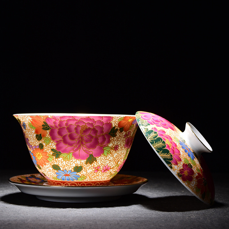 

Enamel Tea Tureen Jingdezhen Porcelain Gaiwan Exquisite Color Tea Bowl with Saucer Lid Kit Master Teaware Drinkware Decor