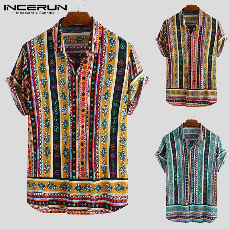 

INCERUN Ethnic Style Printed Men Shirt Short Sleeve Lapel Neck Loose Streetwear Casual Tops 2019 Tropical Hawaiian Shirt Men 5XL, Black shirt