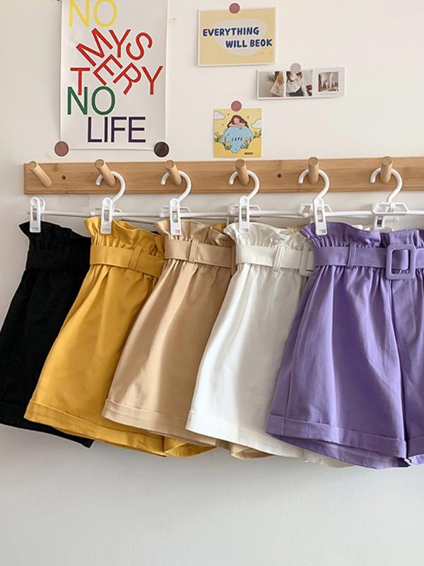 

Women Casual Female Loose Straight Wide-leg Shorts High Waist Flower Shorts With Sashes Summer Korean Style, Black