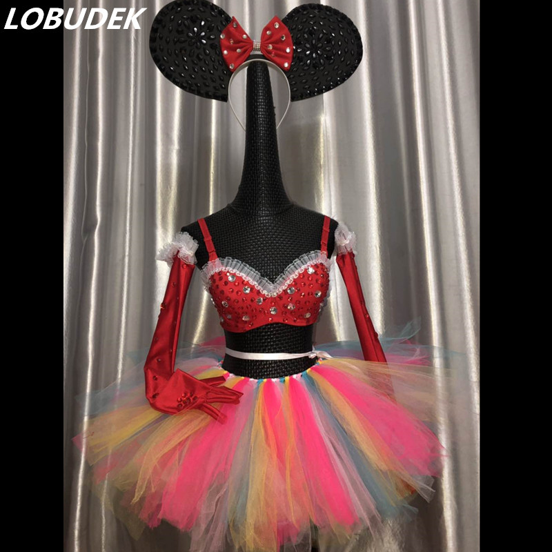 

Bra+Skirt+Gloves+Headdress) 4 Piece Set Women Dance Outfit Sexy Bar Club Party Show Stage Wear DJ Dancer Team Nightclub Costume, A set
