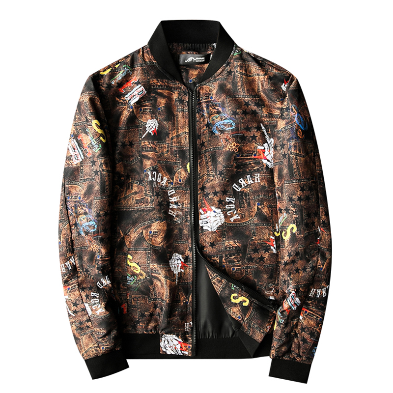 

Spring Fashion Bomber Jacket Men Streetwear Printed Pattern Coats Pilot Jackets Mens Slim Fit Baseball Jacket Hip Hop Tops Male, Brown