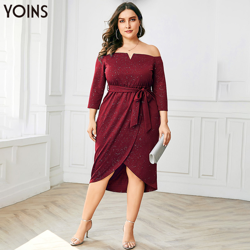 

YOINS Off Shoulder 3/4 Sleeve Asymmetric Hem Dress Women 2020 Vintage Elegant Midi Dresses For Lady Party Plus Size Vestidos, Black